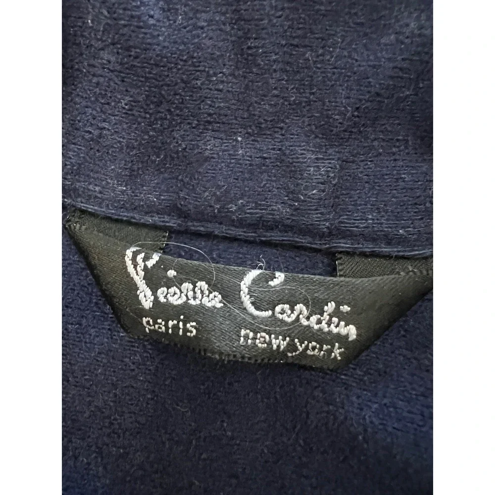 Vintage Pierre Cardin Navy Blue Full Length Robe Pink Trim Logo Embroidered